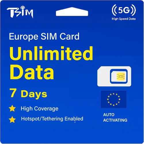 Tarjeta SIM de viaje para Europa - 7 días de datos ilimitados en 36 países | Red 5G de alta cobertura | Prepago y activación automática |
