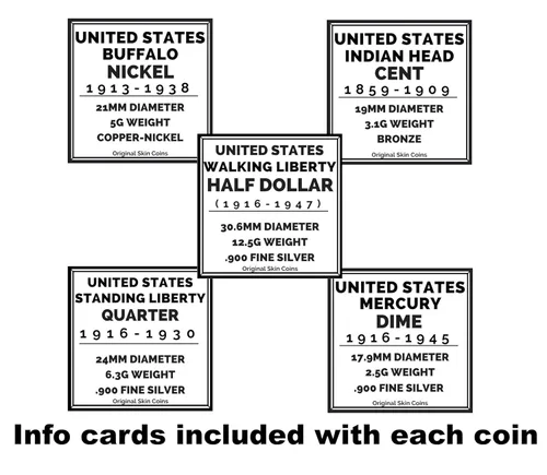Vista 4 de Conjunto de regalo de colección de 5 monedas de plata antiguas de EE. UU. - Centavo de cabeza india, níquel de búfalo, diez centavos de Mercurio