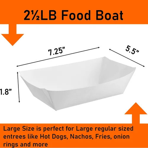 Vista 2 de Bandejas de papel para alimentos, botes blancos lisos. Mediano (2.5 libras). Paquete de 50 botes desechables y reciclables. Para condimentos