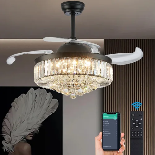 DuMaiWay Candelabro de techo de cristal regulable de 48 pulgadas con control remoto de 6 velocidades, ventiladores retráctiles de 4 aspas para Negro