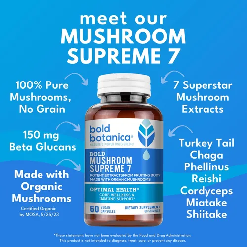 Vista 2 de Bold Botanica Mushroom Supreme 7 - Suplemento de hongos - Extractos orgánicos de cola de pavo, chaga, phellinus, reishi, cordyceps, maitake