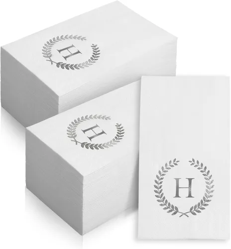 Vista 13 de Paquete de 200 servilletas desechables con monograma de papel de aluminio plateado con letra C para invitados, toallas de papel desechables