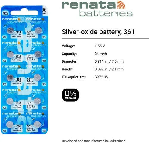 Vista 2 de Renata 361 SR721W Baterías – 1.55 V Óxido de Plata 361 Batería de reloj (2 unidades)