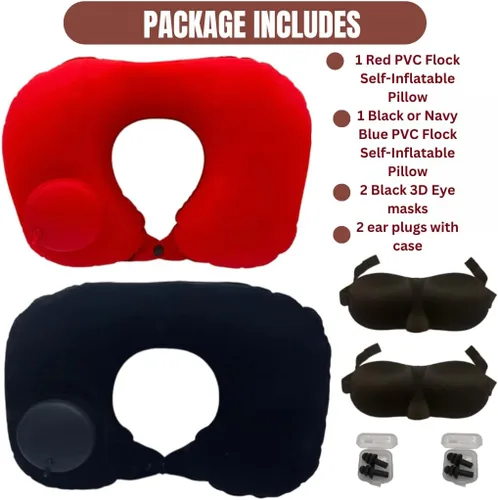 Vista 2 de Almohada inflable de viaje - Tamaño de bolsillo - Almohada de camping - Almohada de avión - con máscara de ojos 3D y tapones para los oídos