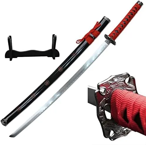 Master BladesUSA - Espada oriental - Espada samurái, katana, hoja sin afilar de acero al carbono, mango envuelto en cordón rojo, tsuba de metal