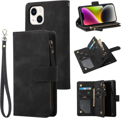 Vista 11 de RANYOK Funda tipo cartera compatible con iPhone 13 (6.1 pulgadas), piel sintética de alta calidad, con cremallera, cartera con cierre RFID