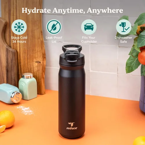Vista 2 de REDUCE Hydrate Pro - Botella de agua aislada de acero inoxidable de 24 onzas, tapa abatible a prueba de fugas, apta para lavavajillas, sin BPA, Negro