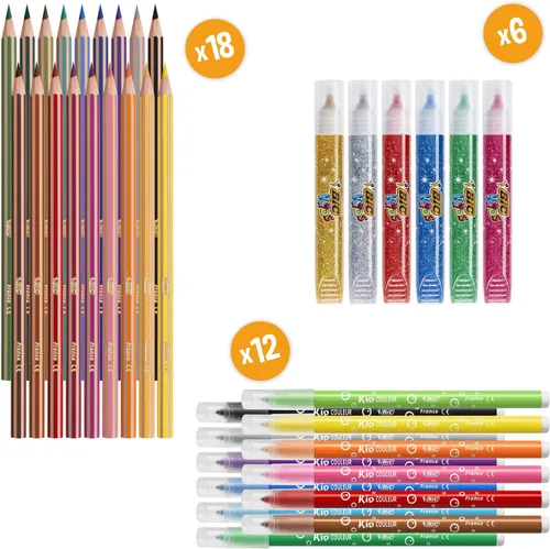Vista 3 de Bic My Colouring Box - Kit para colorear con 12 marcadores, 18 lápices de colorear, 6 pegamentos con purpurina, 1 libro para colorear y 36