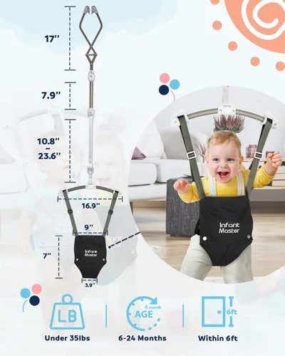 Vista 5 de Saltadores de puerta para bebés Infant Master, saltador Johnny resistente ajustable de 10.8"-23.6" de correa, suave rebotador de bebé con bolsa