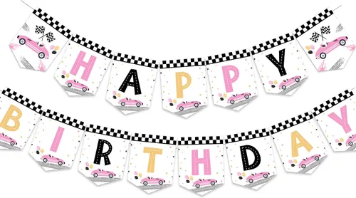 Sursurprise Decoraciones de cumpleaños de coche de carreras para niñas, pancarta de feliz cumpleaños de coche de carreras, color rosa, suministros