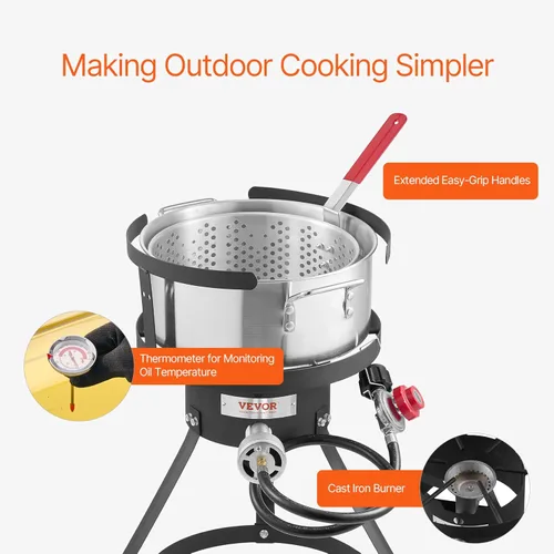 Vista 6 de VEVOR Freidora de Pescado y Alitas de 10 Qt, Kit de Freidora de Pescado de Propano de Aluminio, Freidora Profunda para Exteriores Olla para Mariscos