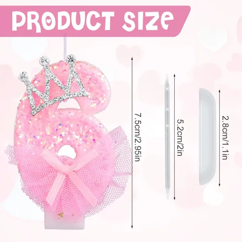 Vista 2 de Velas de número de cumpleaños, velas de malla con lazo de corona de 2.95 pulgadas, velas de números rosas con purpurina, velas de cumpleaños