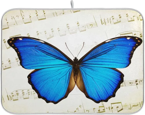 Blue Butterfly Retro Musical Notes Dish Drying Mats for Kitchen Counter 16" x 18" Kitchen Dish Mat Quick Drying Absorbent Coffee Mat Countertop