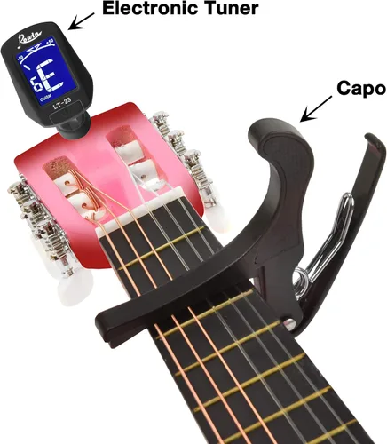 Vista 3 de Guitarra de madera de 96,5 cm con estuche y accesorios para niños, niñas, adolescentes, principiantes (Rosa degradado)