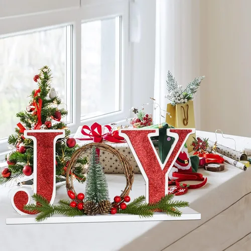 Vista 4 de Linfevisi Letrero de madera de Navidad con texto en inglés «Joy Christmas», letrero de madera con texto en inglés «Joy Block» para decoración