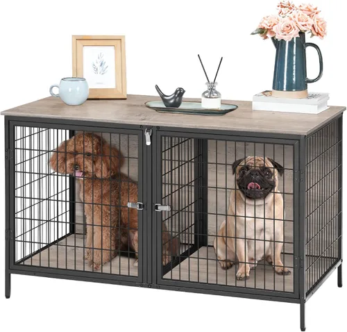 Vista 9 de MAHANCRIS Mueble de jaula para perros para 2 perros, perrera de 43.3 pulgadas con divisor extraíble, muebles para perros resistentes y resistentes