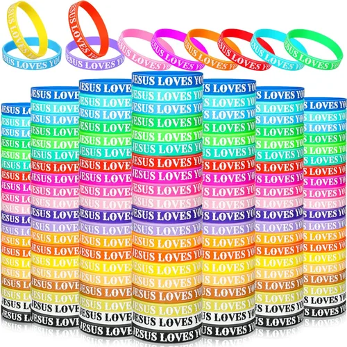 Vista 7 de Jerify 200 piezas Pulseras de silicona "Jesús te ama" cristianas, pulseras de goma con versículo de la Biblia, bandas religiosas coloridas