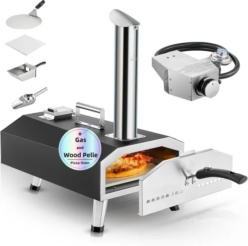 Horno de pizza para exteriores, horno de pizza portátil de 12 pulgadas de pellets de madera y gas, calienta hasta 1000 °F, con manguera de gas y