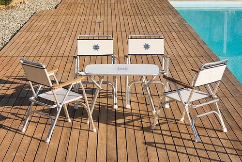 Vista 2 de FORMA MARINE Juego de 2 sillas de barco de cubierta azul plegable de aluminio marino muebles de teca M100B