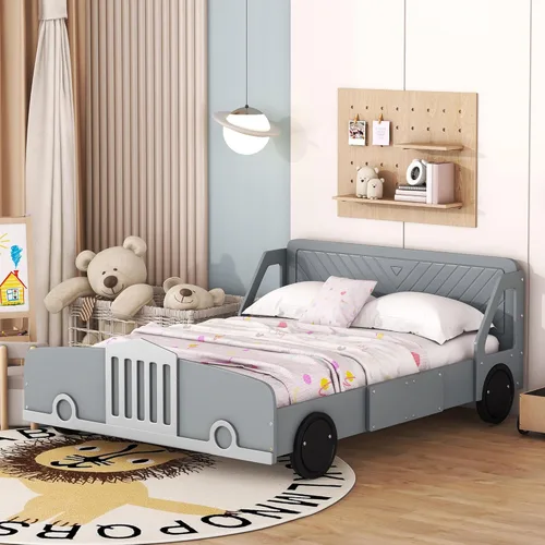 Vista 10 de Cama de plataforma en forma de auto de carreras con ruedas, cama de plataforma de madera tamaño individual con barandilla, cama de plataforma