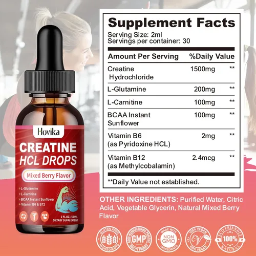 Vista 7 de Gotas líquidas de creatina HCL para hombres y mujeres, clorhidrato de creatina con L-carnitina, L-glutamina, BCAA, vitamina B12 y B6