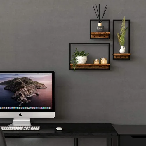 Vista 5 de Metal Frame Rustic Wooden Floating Hanging Shelves, Home Decor Wall Mounted Display Organizing Shelf for Living Room, Bedroom, Office Bathroom. Set