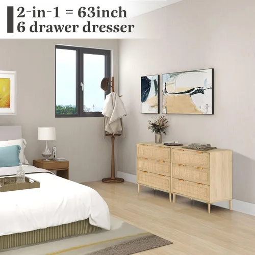 Vista 4 de HOPUBUY Cómoda de 3 cajones para dormitorio, cómoda moderna de ratán, cómoda de armario de madera de roble con 3 cajones para dormitorio, pasillo