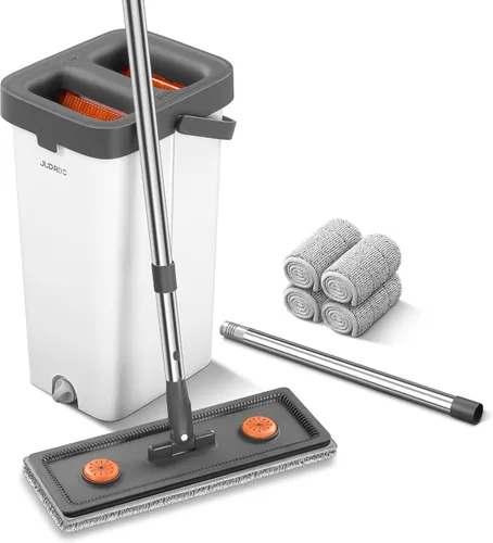 JUDRDO Juego de trapeador y cubo con escurridor para el hogar, sistema de trapeador plano y cubo de 61" para limpieza de pisos, trapeador húmedo y