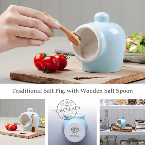 Vista 2 de Wm Bartleet & Sons - Cerdo de sal tradicional de porcelana con cuchara de madera para servir, color azul