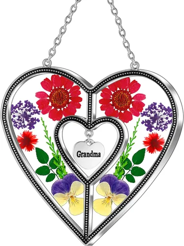 Vista 19 de KY&BOSAM Atrapasoles de cristal con forma de corazón, árbol de la vida, paneles de vitrales, colgantes de flores reales para ventanas, hogar