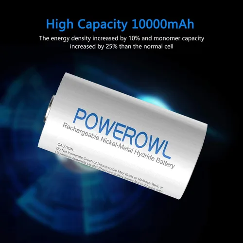 Vista 2 de POWEROWL Baterías recargables D de 10000 mAh de baja autodescarga, NiMH, precargadas, 4 unidades (Recharge Universal)
