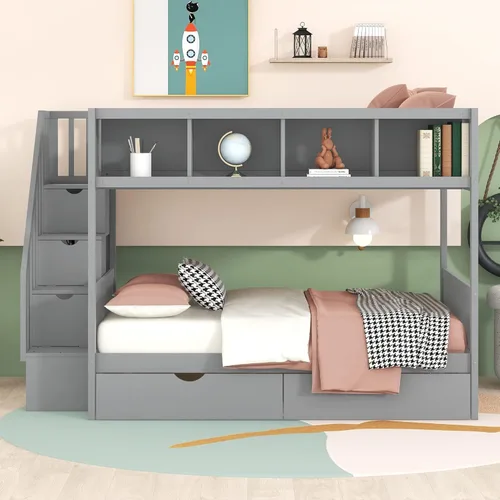 Vista 47 de Elegante litera individual sobre matrimonial con escaleras y barandillas de seguridad, la cama de plumón se puede convertir en sofá cama