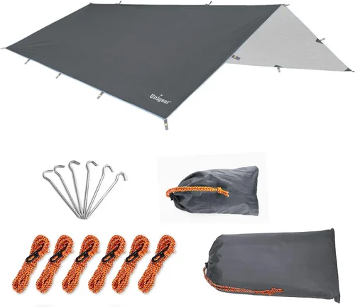 Vista 11 de Unigear Toldo para Hamaca contra Lluvia, Lona de Campamento de 16.5/14.4/13.1/9.8 pies, Protección UV e Impermeable y Ligera para Campamento, Marrón