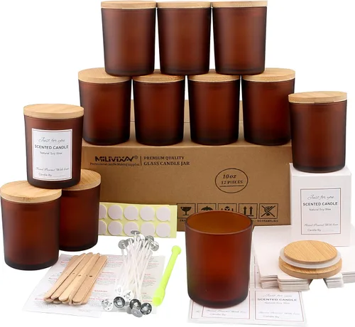 Vista 18 de MILIVIXAY Paquete de 12 tarros de vela de vidrio ámbar de 7 onzas con tapas y kits de fabricación de velas, tarros de velas vacíos a granel
