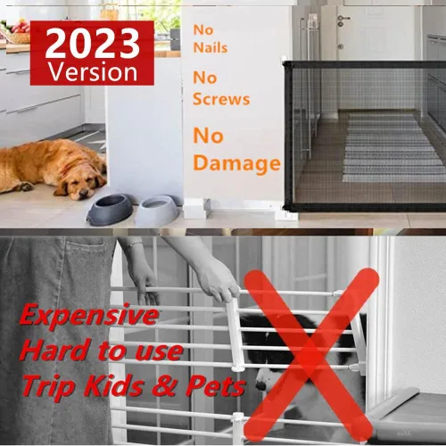 Vista 2 de Magic Gate - Puerta retráctil portátil de malla para perros para escaleras, sin taladrar (43.3 x 28.3 pulgadas)