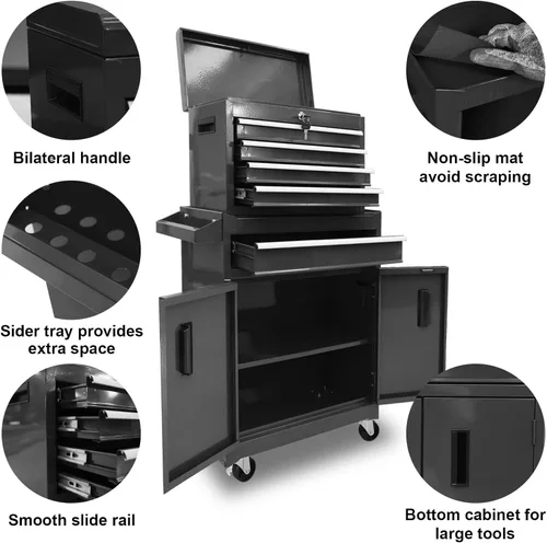 Vista 7 de Torin Baúl de herramientas con ruedas de 5 cajones: Caja de herramientas de metal con ruedas, caja de herramientas superior extraíble, forro