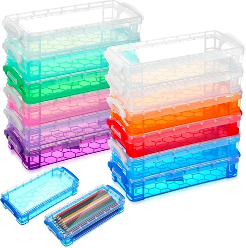 Vista 13 de Gueevin 24 cajas de lápices de plástico de gran capacidad, estuche de plástico transparente, caja de lápices con tapa hermética a presión, Azul