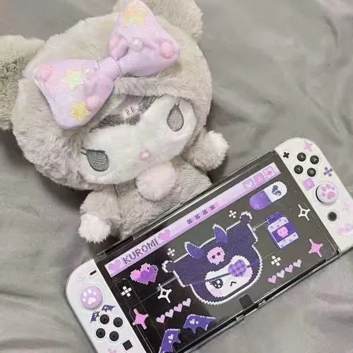 Vista 2 de Eamily Cute Kuromi Case Compatible with Nintendo Switch OLED, Dockable Case Cover, Ergonomic Soft TPU Grip Case for Joycon, Sparkle Skin Set