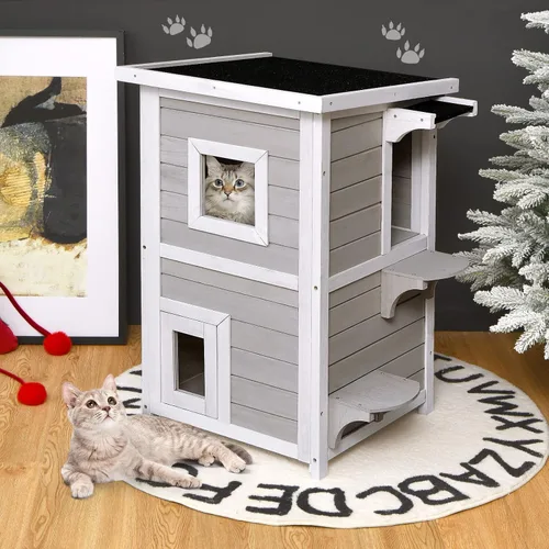 Vista 9 de Tangkula Casa para gatos al aire libre de madera, 2 pisos fuera de refugio para gatos con puerta de escape, techo de asfalto abierto, plataforma