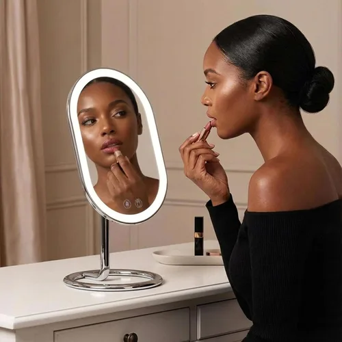 Vista 5 de Fancii Vera Espejo de Maquillaje Iluminado con LED Recargable, Espejo Cosmético Inalámbrico con 3 Ajustes de Luz Regulables, Aumento Dual (Cromo)