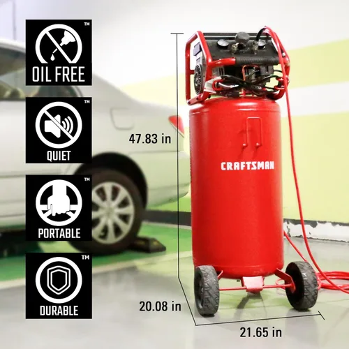 Vista 4 de CRAFTSMAN Compresor, compresor de aire portátil de 26 galones 1.8HP 5 CFM@90PSI Tanque de compresor de aire libre de aceite, presión máxima de 150