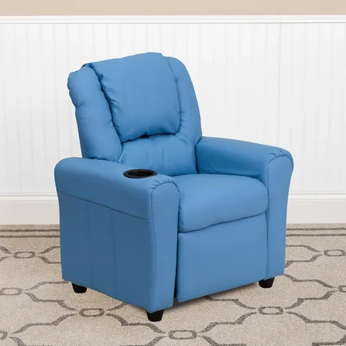 Vista 16 de EMMA + OLIVER Sillón reclinable infantil de vinilo beige con portavasos y reposacabezas