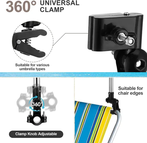 Vista 4 de Paraguas para silla de playa con abrazadera de 49.2 pulgadas, paraguas de golf ajustable de 360° con clip y soporte retráctil, parasol para camping
