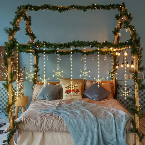 Vista 4 de Kingdder - Cadena de luces de copos de nieve de Navidad, luces de cortina de copos de nieve de 16.4 pies / 5 m, 325 LED, cadena de luces para Blanco