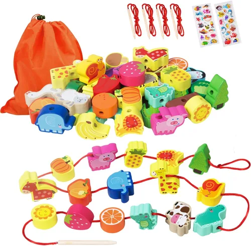 Montessori Educational Wooden Lacing Beads Toys for Toddler 3 4 5 Year Old, Farm Animals Fruits Vegetables Threading Toys Preschool Stringing Fine