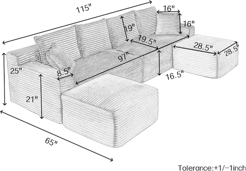 Vista 2 de Sofá seccional de nube en forma de U de 115 pulgadas, sofá modular comprimido sin hueso con diván otomano reversible, sofá simétrico de pana de Gris