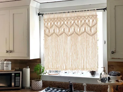 Vista 4 de Cenefa de algodón texturizado de macramé bohemio – Cortinas de ventana de cocina y decoración de pared – Cenefa de macramé – Cortinas para ventana