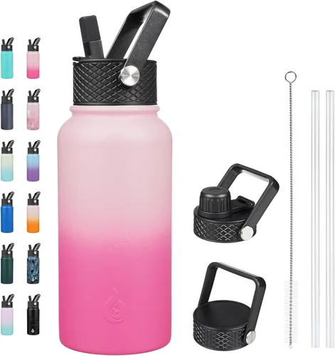 Vista 98 de BJPKPK - Botellas de agua aisladas con tapa de popote, botella de agua de acero inoxidable de 27 onzas con 3 tapas, termo de metal libre de BPA a