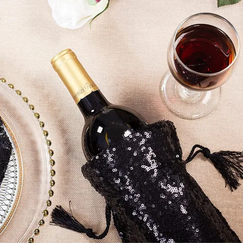 Vista 5 de Eternal Beauty 4 bolsas de vino con cordón, cubierta de botella de lentejuelas para bodas de cumpleaños (14 x 6 pulgadas, negro)