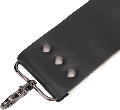 Vista 8 de Strop de cuero negro con ganchos de anclaje de latón para afilar cuchillos, rasurar corte recto, herramienta de limpieza duradera para maquinillas